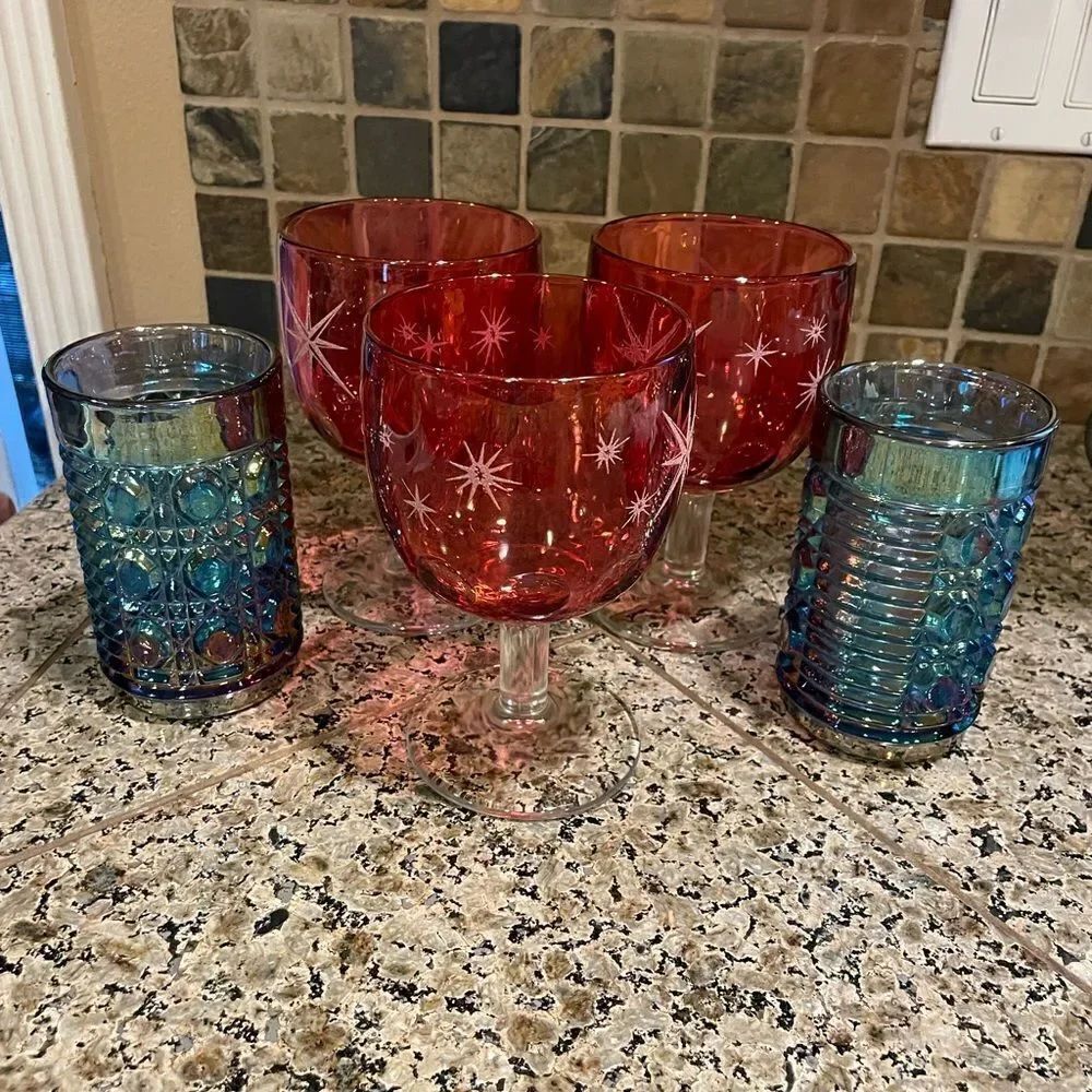 MCM Bartlett Collins Atomic Glasses and 2 Indiana Glass Blue Illuminated Glasses
